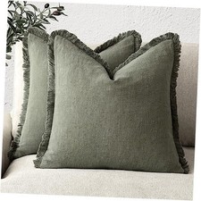 Set of 2 Decorative Linen Fringe Throw 18" x 18" Pack of 2 Olive Green