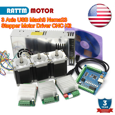 〖US〗3 Axis Nema23 270oz-in stepper motor& Driver &Power USB Mach3 Controller Kit