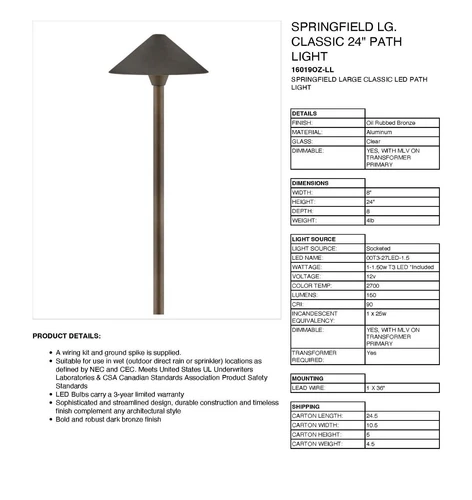 Hinkley 16019OZ-LL Springfield Large LED Path Light – Bronze – LED Included - Picture 2 of 2
