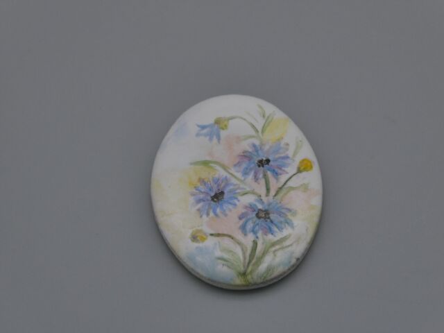 Victorian Blue Daisy Flowers Cameo Cabochon 34x25mm Oval Hand Painted Porcelain