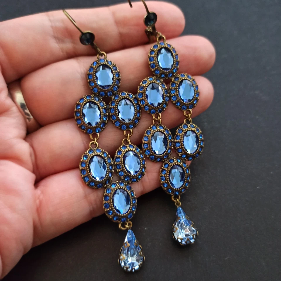 Pendientes Michal Negrin Brillantes Cristales Azul Real Larga Declaración Pasarela Fiesta Foto 2 de 4