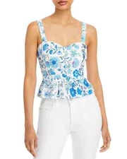 AQUA Floral Print Peplum Top Women's S Blue/White Sweetheart Neck Sleeveless~