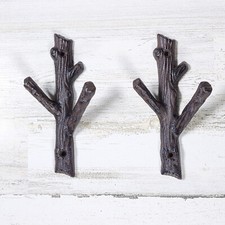 Set of 2 Cast Iron Tree Branch Wall Hooks Rustic Coat Hat Towel Double Hanger