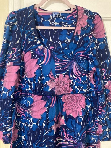 St Michael Dress Vintage 60s Blue Pink Floral Maxi 3/4 Sleeve Size UK 14 - Picture 2 of 8