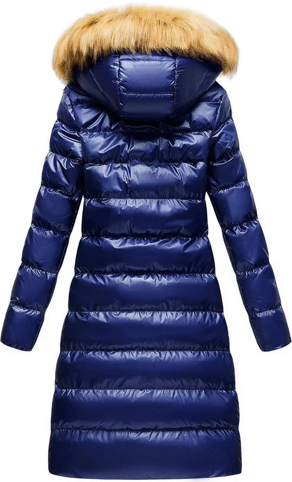 Abrigo largo acolchado con capucha de piel - Chaqueta de invierno azul brillante burbuja, acolchado cálido Foto 3 de 4