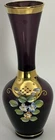 Vintage Czech Hand Painted Amethyst Glass Gold Leaf Floral Bud Vase Bohemian 7”