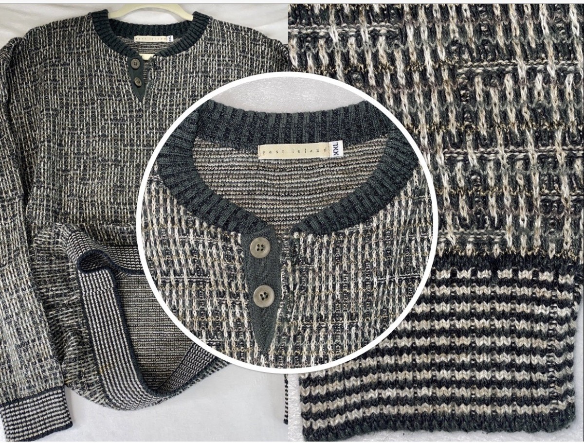 Crewneck Henley Textured Knit Sweater Mens XXL Green Earthy Tones