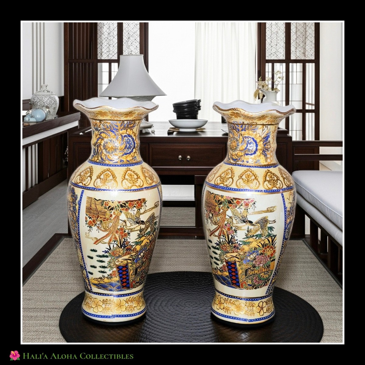 Pair VINTAGE Satsuma Vases Moriage Geisha Crane Floral 10