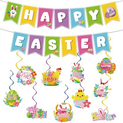 Neyeidru Happy Easter Banner and Egg Bunny Chicken Hanging Swirls for 