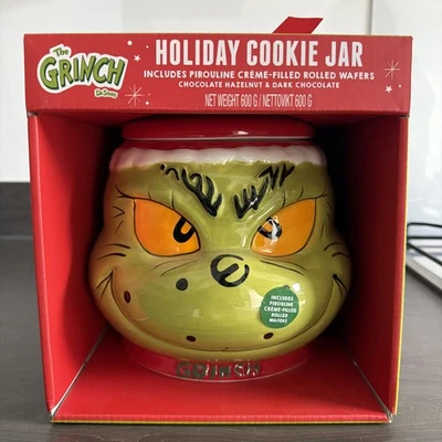 SEALED DR. SEUSS THE GRINCH 2025 HOLIDAY COOKIE JAR W/ PIROULINE ROLLED WAFERS!