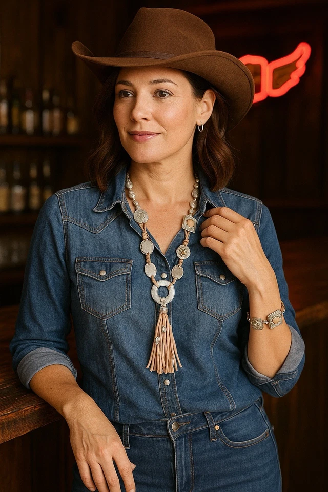 Conjunto de pulsera collar concho piedra melocotón tono plata Chico cuero boho occidental Foto 2 de 4