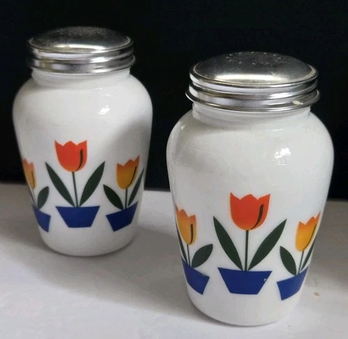 Vintage Fire King Tulip White Milk Glass Salt & Pepper Shakers w/ Lids