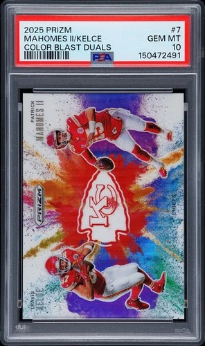 Patrick Mahomes & Trevor Kelce 2025 Prizm Color Blast PSA 10 Gem #7 Chiefs Pop 3