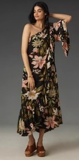 Anthropologie Farm Rio One-Shoulder Ruffle-Hem Dress Black Floral Size XL NWT