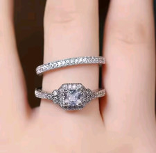 Silver Zirconia Engagement Ring Set for Men / Women Couple Wedding Band Gift