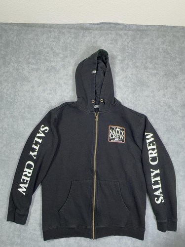 Salty Crew Hoodie Sweatshirt Mens L Black Full Zip Fleece Thrill Seekers Graphic