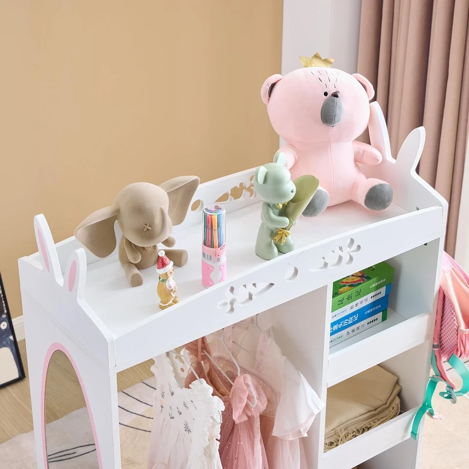 儿童装扮储物柜带镜子,兔子形服装衣柜带3个钩 — 第 4/4 张图片
