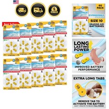 Size 10 Hearing Aid Batteries, 60 Count Long-Lasting Battery Pack, Yellow Lon...