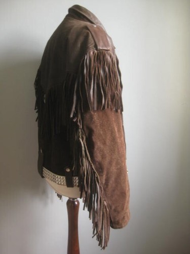 VINTAGE COWBOY LEATHER FRINGE JACKET 42 44 hells angel heavy rock biker ASHY men - Picture 22 of 24