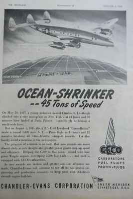 12/1945 PUB CHANDLER EVANS CECO VERGASER C-69 LOCKHEED CONSTELLATION RECORD AD