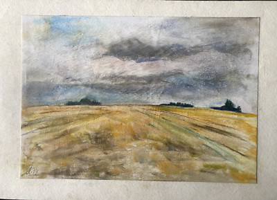 FRANZ EHMKE *1928-2018 PASTEL RYE STUBBLE IN BLANKENFELDE SKY 2008 SIGN.