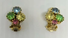 Women's Multi Color Rhinestone Clip On Earrings Gold Tone Fashion Jewelry