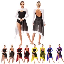 Women Lyrical Costume Cutout Backless Long Sleeve Asymmetrical Tulle Dance Dress