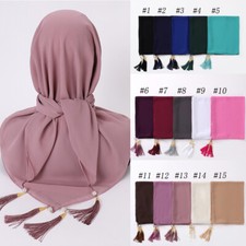 Fashion Solid Color Square Hijab Pearl Tassel Scarf Plain Muslim Head Wrap Shawl
