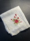 Vintage Petit Point Handkerchief Pink Rose Rosebud Embroidery 10” Switzerland