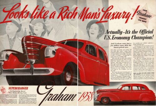 1938 Graham Sharknose Supercharged Red 4-door sedan 2-page Vintage Print Ad - Afbeelding 1 van 1