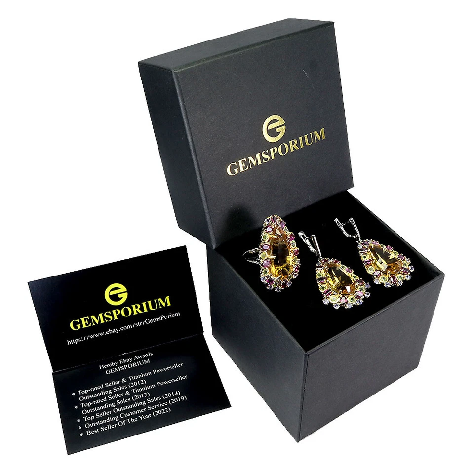 925 Argento Sterling Fatto a Mano Pera Citrino 52ct Peridoto Rodolite Gemma Set - Immagine 3 di 4