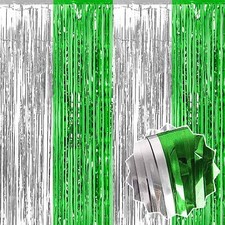 3 Pack Silver Green Foil Fringe Curtains Backdrop 3.28 x 8.2 Ft Metallic Stre...