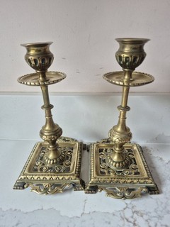 Pair Antique Victorian Gothic Revival Brass Very Ornate Candlesticks 1800s
