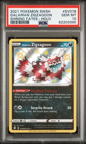 2021 POKEMON SWORD & SHIELD SHINING FATES #SV078 GALARIAN ZIGZAGOON-HOLO PSA 10