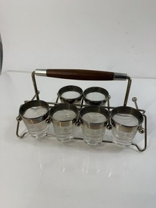 MCM Vintage Bar 6 Shot Glass Carrier Holder Tote Wire w/Wood Handle Holds 8