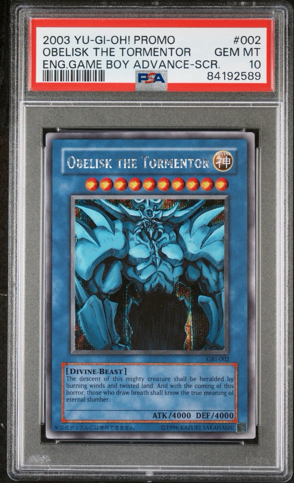 Yu-Gi-Oh! Obelisk The Tormentor Game Boy Advance Promo Secret Rare #002 PSA 10
