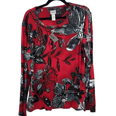 Chicos Shirt Womens Large Red Floral 3 Stretch Blouse Top Lightweight Work