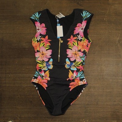 Bleu Rod Beattie Escape Cap Sleeve One Piece Swimsuit Zip Front Black Multi 10