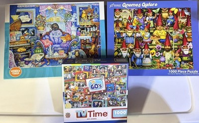 Lot of 3 Puzzles: 1,000pcs Complete~Gnomes, Victorian Cat House, 1960 s Collage