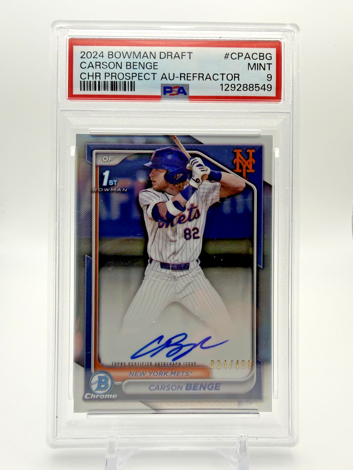 2024 1st Bowman Chrome Draft Carson Benge REFRACTOR AUTO AUTOGRAPH #/499 PSA 9