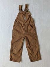 Carhartt Duck Canvas Bib Overalls Boys 5 Brown Double Knee Utility Pockets Logo