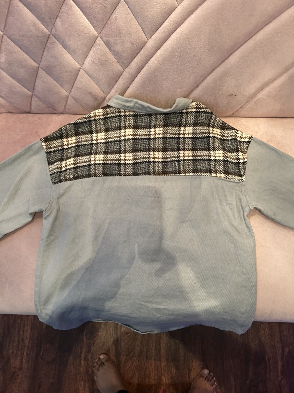 Plaid Patchwork Button-Up Shirt with Contrast Sle… - image 5