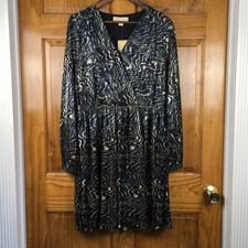 Michael Kors Women L Black Gold Metallic Pleated V-Neck Midi Dress NWT Luxury