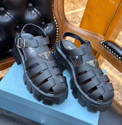 Prada Monolith Rubber Sandals Black Leather Size US 8 EU 39
