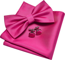 Mens Solid Color Double Fold Pre-tied Bow Tie and Pocket Square Cufflink Set wit