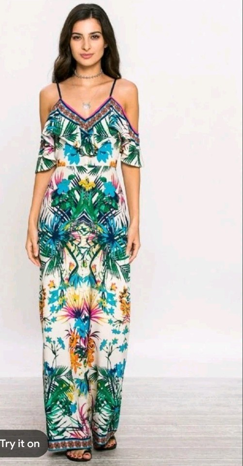 Flying Tomato Tropical Floral Off Shoulder Spaghetti Strap Jumpsuit Size Medium