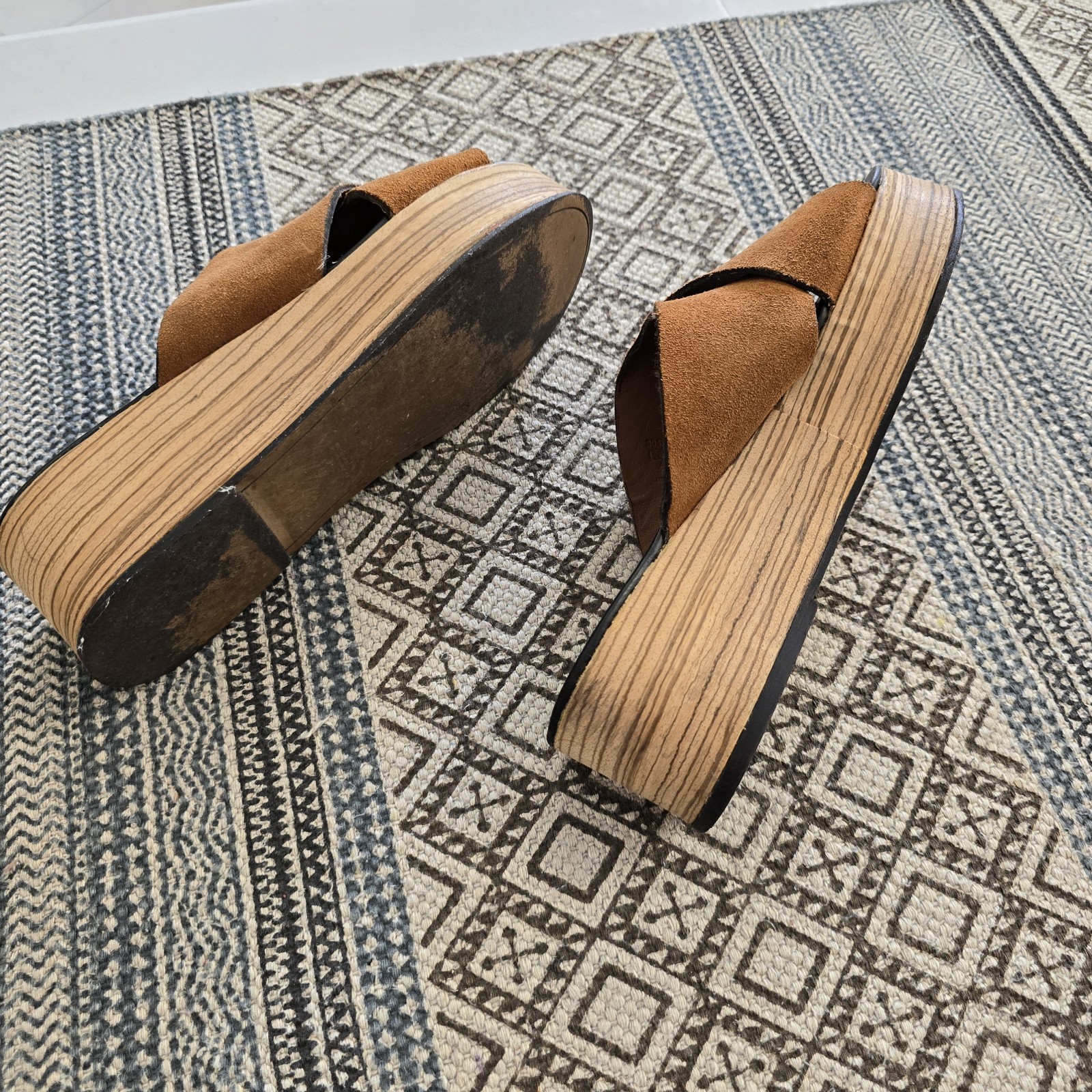 Massimo Dutti EU 40 Platform Slide Sandals Brown Suede Wooden Wedge Open Toe thumbnail 5