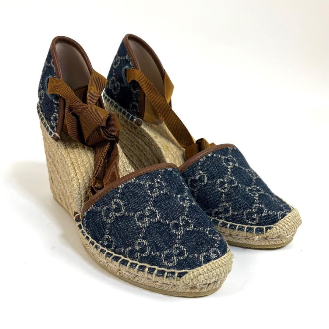 Gucci Womens Blue Denim Wedge Espadrille Sandals Size 7 US with Box & Bag