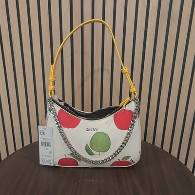 DKNY Apple Print Yellow Shoulder Strap Silver Chain Zip Women's Shoulder Bag
