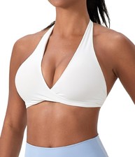 White Halter Sports Bras for Women Seamless Workout Bra Removable Padded Open...